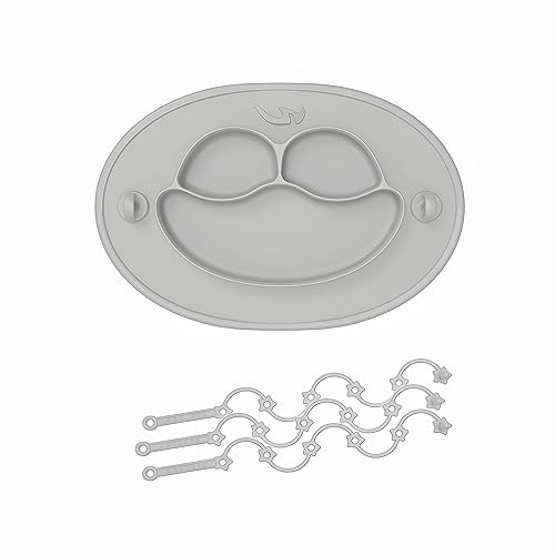 Image of Silicone Suction Toddler Plates - Baby Plate Placemat for First Foods,Self-Feeding Plate for Kids + 3 Divided + 2 Tethers - Dishwasher Safe (Light Grey)