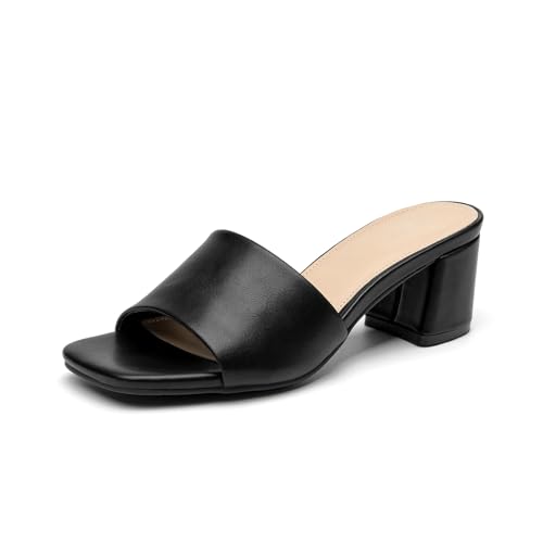 ALLOT Women's Square Toe Heeled Sandals Low Chunky Heel Comfortable Dress Heels Slip on Casual Pumps Shoes