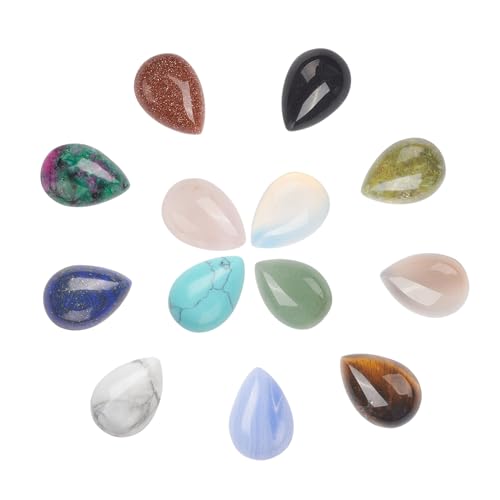 PH PandaHall 26pcs Teardrop Stone Cabochons 13 Colors Flat Stone Cabochons Natural Lazuli Rose Quartz Gemstone Gems Drop Crystal Cabochon for Earring Necklace Bracelet Jewelry Making 10x14mm