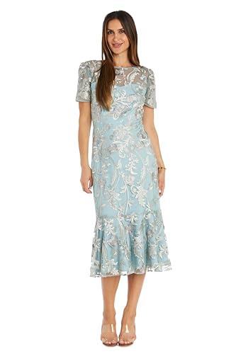 Image of Elegant Embroidered Mesh Midi-Length Dress W /Flounce Hem & Short Sleeves