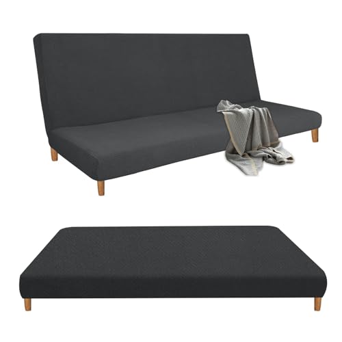 Futon Cover Hight Stretch Armless Slipcover Newest Jacquard Soft Sofa Bed Slipcovers Full Size Furniture Protector with Non Slip Elastic Bottom for Washable Futon Mattress(Futon,Dark Gray)