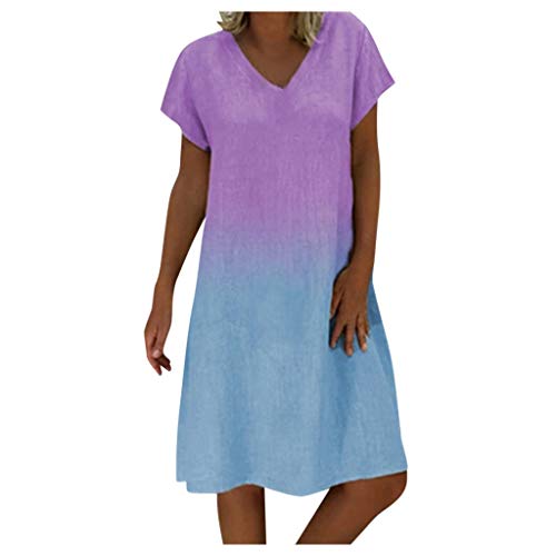 Lazzboy Damenmode Lose Freizeit V-Kragen Kurzarm Damen Leinenkleid Sommer V-Ausschnitt Kleid Boho Sommerkleid Leinen Kleider Strandkleider A-Linie(S-Lila,5XL)