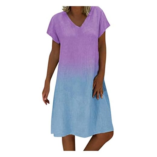 Lazzboy Damenmode Lose Freizeit V-Kragen Kurzarm Damen Leinenkleid Sommer V-Ausschnitt Kleid Boho Sommerkleid Leinen Kleider Strandkleider A-Linie(S-Lila,5XL)