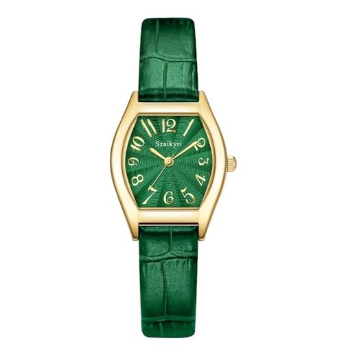Szaikyri Cuadrada Reloj para Mujeres con Números Arabes Fáciles de Leer Reloj de Dama Reloj Rectangular Mujer (Green-Gold)