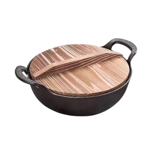 両手鍋 鉄鍋 中華鍋 蓋付き 卓上鍋 すき焼き鍋 蓋付きコンロ鍋 焦げ付かない いろり鍋 大きい 調理器具 鉄分補給 ガス対応 深型 ih対応 取っ手付き お手入れ簡単 家庭用 業務用 うどん ラーメン などに (木製カバー,32cm)