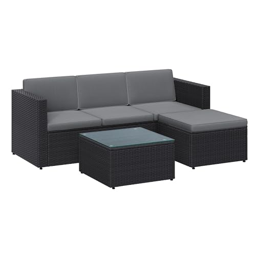 SONGMICS Gartenmöbel-Set, Balkonmöbel aus PE-Polyrattan, Terrassenmöbel, Ecksofa, Outdoor, handgeflochtenes Rattan, Lounge-Set, mit Kissen und Glastisch, schwarz-grau GGF005B04