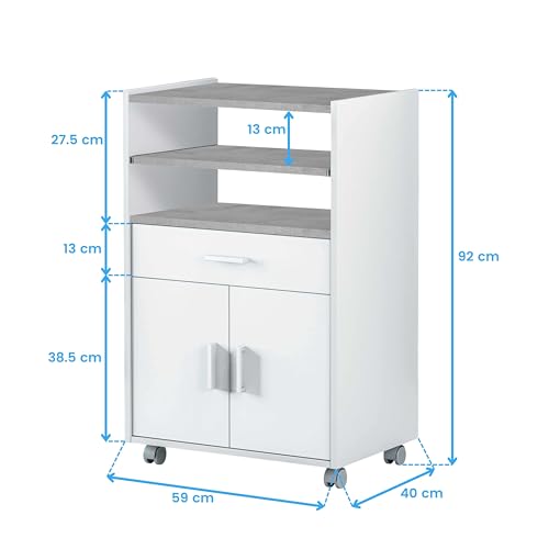 Habitdesign - Mueble Microondas con Ruedas, Carro Auxiliar de Cocina 2 Puertas 1 Cajón - Armario Compacto para Almacenaje - Blanco Artik y Cemento - 59x92x40 cm (AnchoxAltoxFondo) - Modelo Tidy - imagen 3