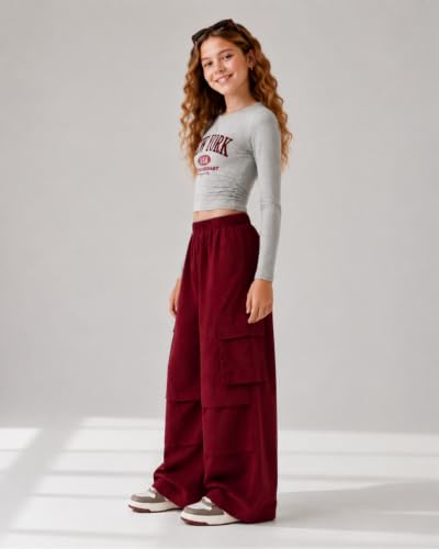 Image of Azmxynol Girls Clothes 2 Piece Outfit Ribbed T-Shirt Top + Cargo Pants, Girls Fall Clothing Set, Sizes 5-16 Years