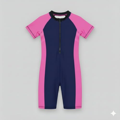 Image of A.T.U.N. (ALL THINGS UBER NICE) Girls One Piece Swimsuit with Front Zip Closure | Half Sleeve Athletic Swimwear with Knee Length Fit | Comfortable Pool and Beach Swimming Costume for Kids
