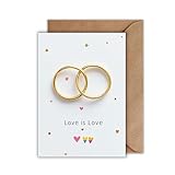WBdesignz Queer Liebe Karte mit Umschlag - Love is Love Glückwunschkarte zur Trauung Gold Ringe Herzen Gay Hochzeit Verlobung Hochzeitskarte LGBTQ+ (DIN A6)