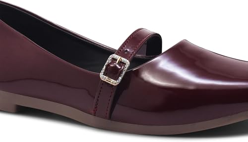 Image of Duosoft Women's Mary Jane Flats, Burgundy, Patent Leather, Square Toe, Buckle Strap