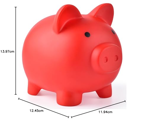Piggy Bank, Unbreakable Plastic Money Bank, Coin Bank for Girls and Boys, Medium Size Piggy Banks, Practical Gifts for Birthday, Easter, Baby Shower (Red)
