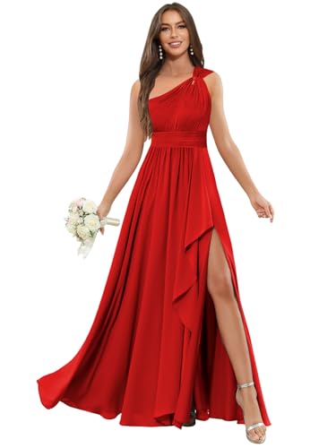 Chiffon Long Bridemaid Dresses Floral One Shoulder Ruffle Evening Gowns with Slit