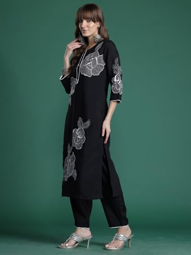 Image of INDO ERA Women's Straight Linen Floral Embroidered Kurta & Pant With Dupatta Set (IESTR10640)