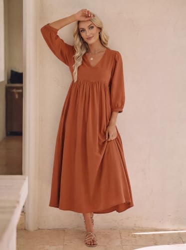 Image of Celmia Autumn Solid Loose Long Maxi Dress Cotton Caftan