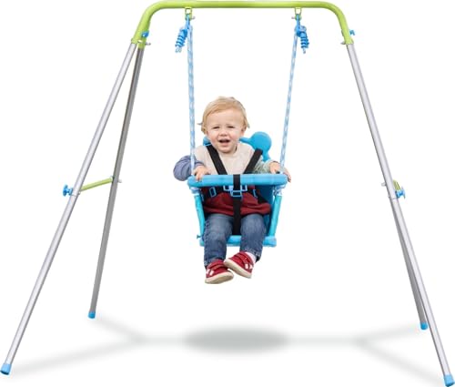 Image of Sportspower My 1st Toddler Swing - Heavy-Duty Baby Indoor/Outdoor Swing Set with Safety Harness, Blue, 57"L x 56"W x 47"H