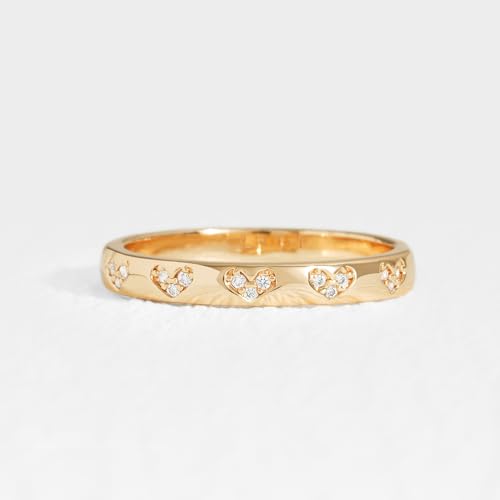 3mm Trendy Ring Pave with Heart Love Design Women Ring 14K Gold Plated CZ Stackable Ring Eternity Bands for Women Size 6-82