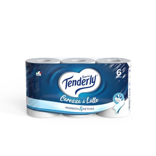 Tenderly Carezza di Latte, 6 Rotoli di Carta Igienica Morbidissima 2 Veli, Realizzata con Fibre 100% Naturali di Latte, Made in Italy