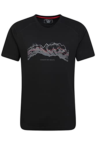 Mountain Warehouse Tech Mountains Mens T-Shirt - Cotton Casual Top, UV Protection Tee Shirt - for Summer, Outdoors, Camping & Hiking Black (Tech Mountains) L