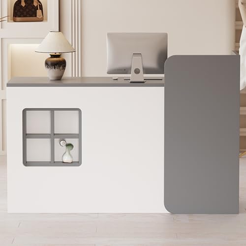 Moderna mesa de recepción con cajón, mostrador abierto con panel lateral alrededor, elegante escritorio de madera para salón, caja registradora, vestíbulo, oficina, recepción (blanco y gris)