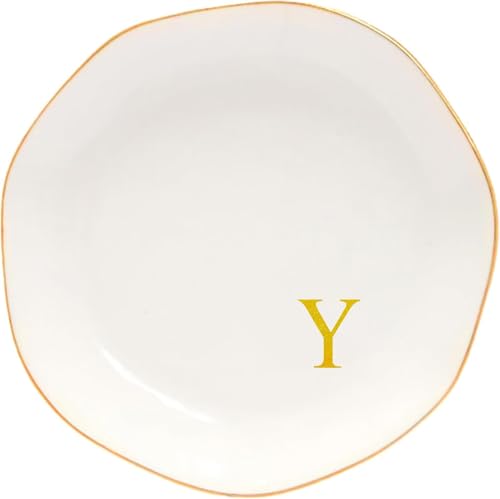 Image of Ceramic Jewelry Tray Initial Ring Dish Personalized K-Monogrammed Engagement Wedding Gifts, for Birthday Mother's Day Christmas for Women, Ceramic White 4.75 inch (Y)