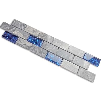Hominter Tile Sample 3 x 12 Inches: Navy Blue Glass Tile Rectangle, Gray Natural Marble 1" x 2" Subway Mini Brick, Wall and Floor Tiles in Bathroom and Kitchen Backsplash NB03