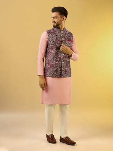 Image of KISAH Men Printed Kurta Jacket Set, Full Sleaves, Knee Length, Straight, Regular Fit, Mandarin Collar Ethnic Wear