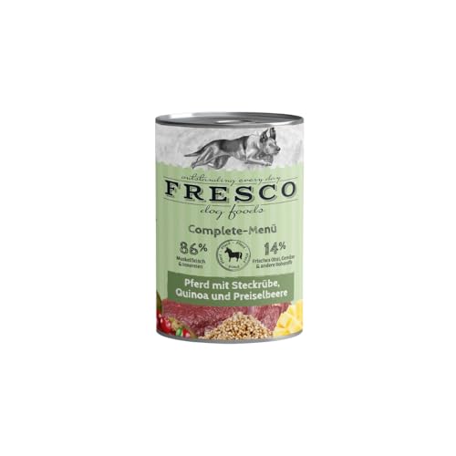 Fresco Complete-Menü Pferd mit Steckrübe, Quinoa & Preiselbeeren | 12er Pack | 12 x 400 g | Nassbarf für Hunde | Wichtige Proteine & Eiweiß | Aus reinem Muskelfleisch