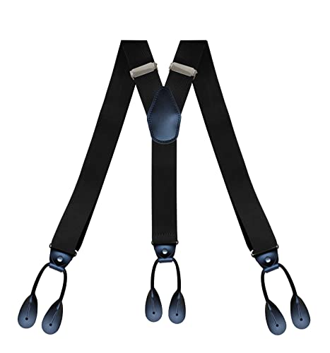HSJFS Men Y-Back Adjustable Suspenders, Leather Trimmed Button End Tuxedo Suspenders with Many colors and designs (Black)