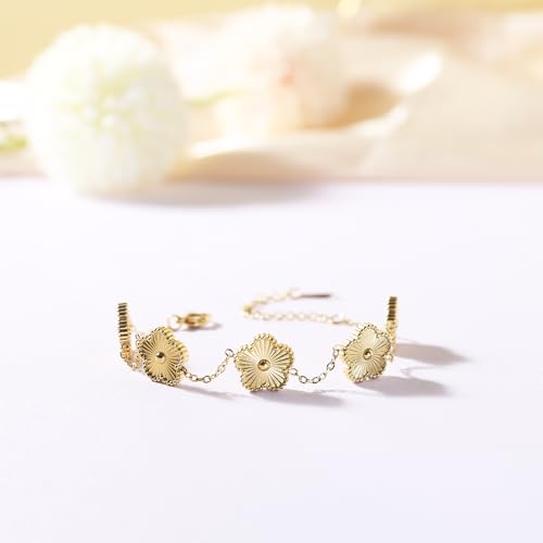 18K Gold Plated Four Leaf Clover Bracelet Set - 3Pcs Lucky Charm Jewelry for Women, Adjustable Gold/White/Black Bracelet Gift Sets for Mom, Wife, Girlfriend3