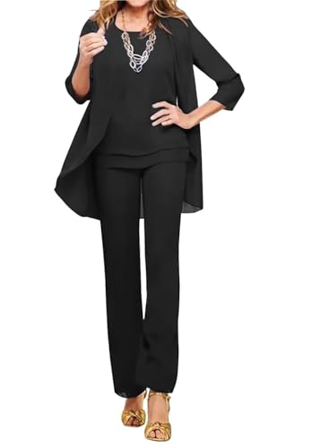 Elegant Black 3-Piece Mother of the Bride Pant Suit | Plus Size Chiffon Formal Wedding Guest Outfit