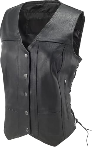 EXCELSIOR INT Women's Concealed Carry Sleeveless Solid Soft Leather Vest With Side Laces Motorcycle Biker Jacket For Women(Black, XL)