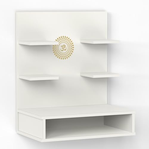Image of BLUEWUD Dhruv Wall Mount Wooden Mandir for Home, Temple for Home, Pooja Stand with Storage Shelves for Idold & Frames, Compact Mandir Temple Unit for Shops & Office (White)