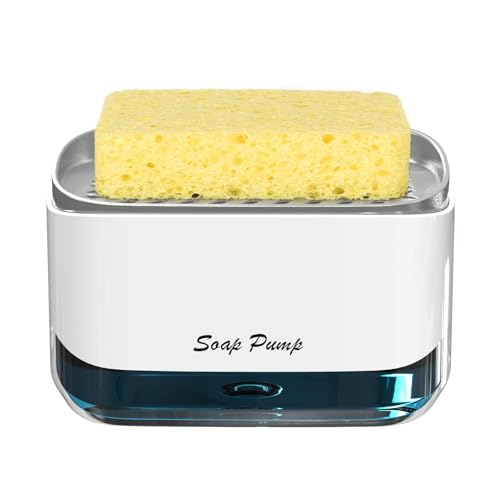 MOMENT 2 in 1 Dish Soap Pump Dispenser and Sponge Holder for Kitchen Sink Countertop 12 Ounces / 350ml One-Press Dishwashing Dish Liquid Soap Pump Dispenser White