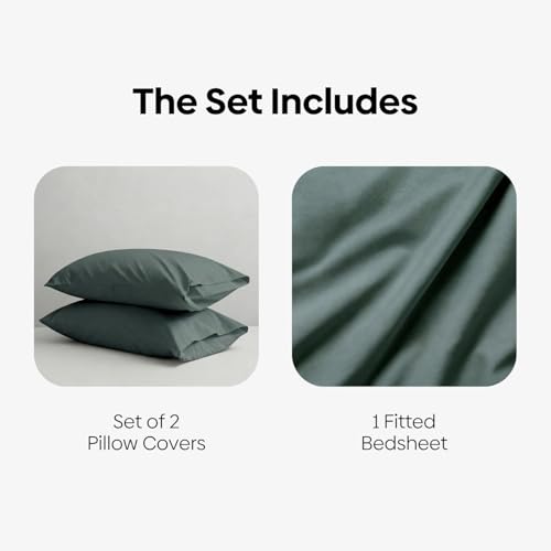 Image of Haus and Kinder Double Bedsheet, 300 TC 100% Organic Cotton Percale Weave, Fitted Bedsheet for Double Size Bed with 2 Pillow Covers - Marrow Stitch Detaling (Coastal Calm, 60 inchx78 inchx10 Size)