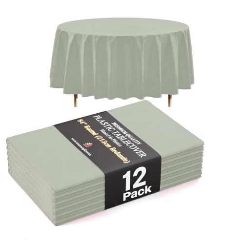 Image of Exquisite 66% Thicker Premium Sage Round Tablecloth 0.5 Mil 12 Pack Plastic Table Cloth Disposable 84 Inch Round Plastic Tablecloth Won't Tear Easily Like Cheap Thin Brands