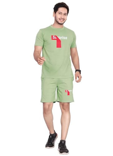 Image of HOODMASTER Men's Cotton Night Suit Set of Top & Knee Length Shorts with Round Neck Half Sleeves Solid Pattern Regular Fit and Standard Length | Mens Cotton Night Suit | T-Shirt and Shorts Sets