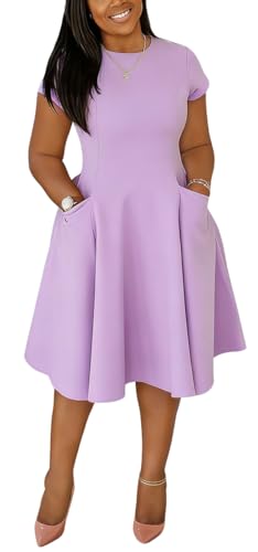 Image of Summer Dresses for Women Semi-Formal Fit Casual Slim Short Sleeve O-Neck Elegant Swing A Line Midi Dresses with Pockets