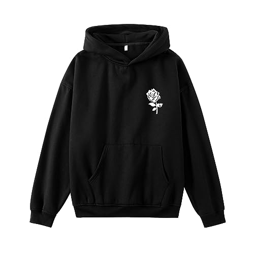 Bobeutou Oversized Graphic Hoodies for Men Rose Print Hoodie Vintage Fleece Hooded Sweatshirt Trendy Pocket Pullover Top