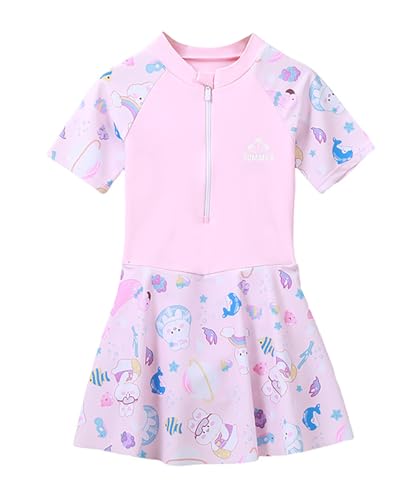 Image of Girls Swimsuit Girls One Piece Skirted Swimsuit Short Sleeve Floral Rash Guard Bathing Suit Swim Dress Swimwear