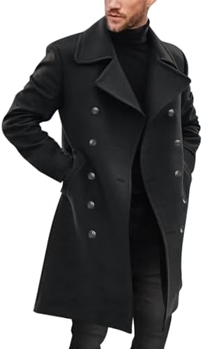 Runcati Mens Double Breasted Trench Coat Notch Lapel Peacoat Mid ...