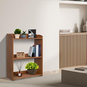 Image of Narrow Bookcase by Natural Wood, 3 Tier Bookshelf, Small Book Shelves Freestanding Display Storage Shelves. Open Bookshelf for Bedroom, Living Room and Office (Brown, 3 Tier Simple)
