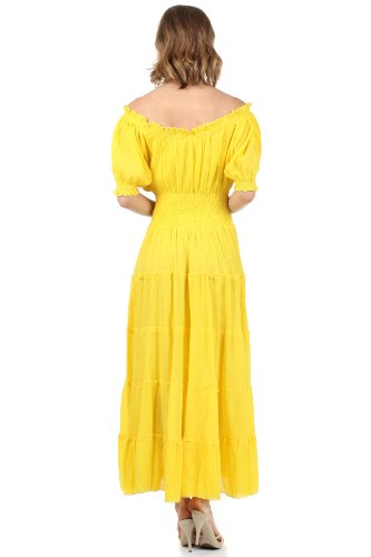 Image of Sakkas Cotton Crepe Smocked Peasant Gypsy Boho Renaissance Mid Length Dress