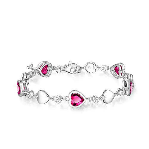 Carleen July Birthstone Bracelet 925 Sterling Silver Created Red Ruby Bracelet For Women Heart Shape Station Tennis Bracelet Gemstone Jewelry For Girls Wife Mom #TOP15