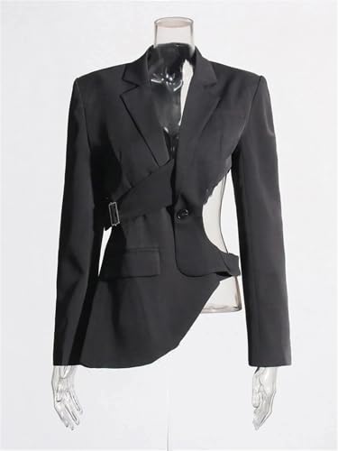 Women's Hollow Backless Blazer Notched Collar Patchwork Button Irregular Blazer4