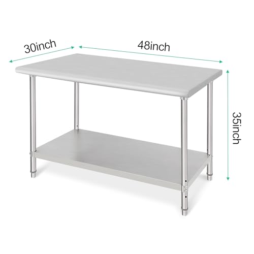 Stainless Steel Prep Table, NSF Commercial Work Table with Undershelf, Stainless Steel Table for Food Prep & Work 48 x 30 Inches, Heavy Duty for Kitchen, Restaurant, Hotel, Silver
