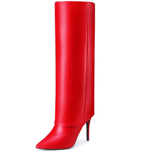 Allegra K Allegra K Knee High Boots Women Pointed Toe Stiletto Heel Shark Boots Red Fold Over Boots for Women 8 M US