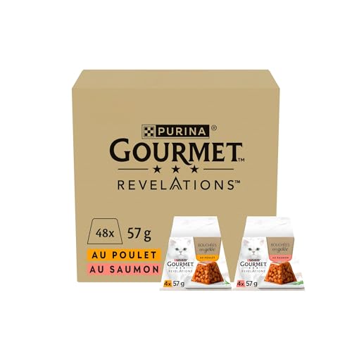 GOURMET Revelations | Chat | Bouchées en Gelée | Au Poulet| Portions Repas pour Chats Adultes | Boîte |48 x 57 g