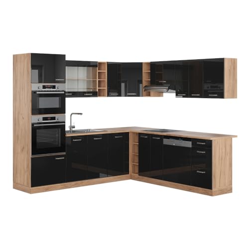 Vicco Cuisine en Angle R-Line, Noir Brillant/Chêne doré, 247x46cm sans PT, pour Une Configuration personnalisée et Une Extension avec des modules...