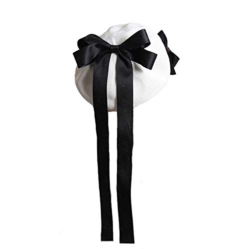 LittleLuluda Women Girls Lolita Painter Hat Beret Cap with Bowknot (White Black)
